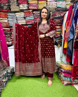 Designer Mehroon Velvet Anarkali Suit Set