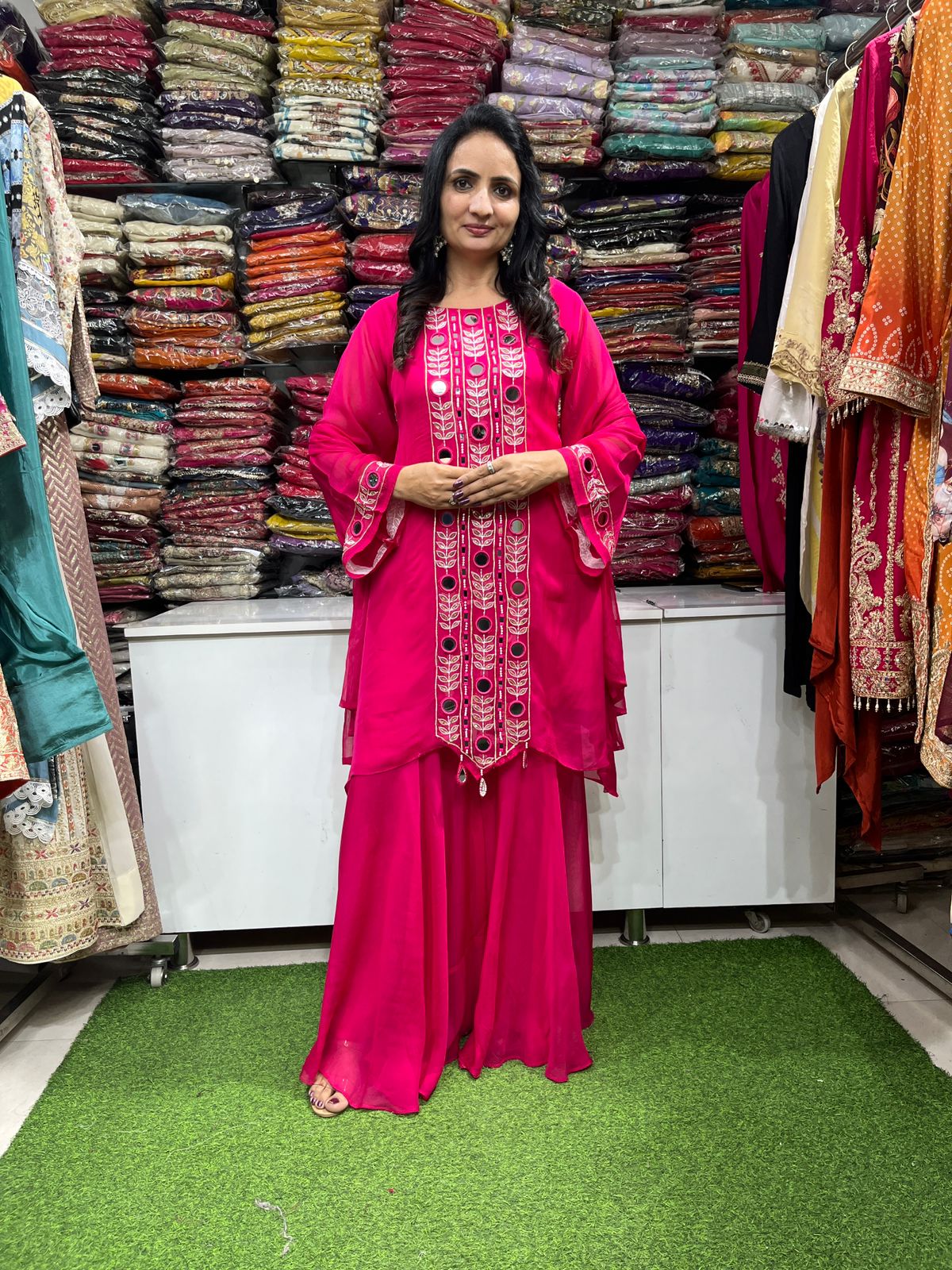 Designer Sharara Suit Set with Real Mirror Embroidery