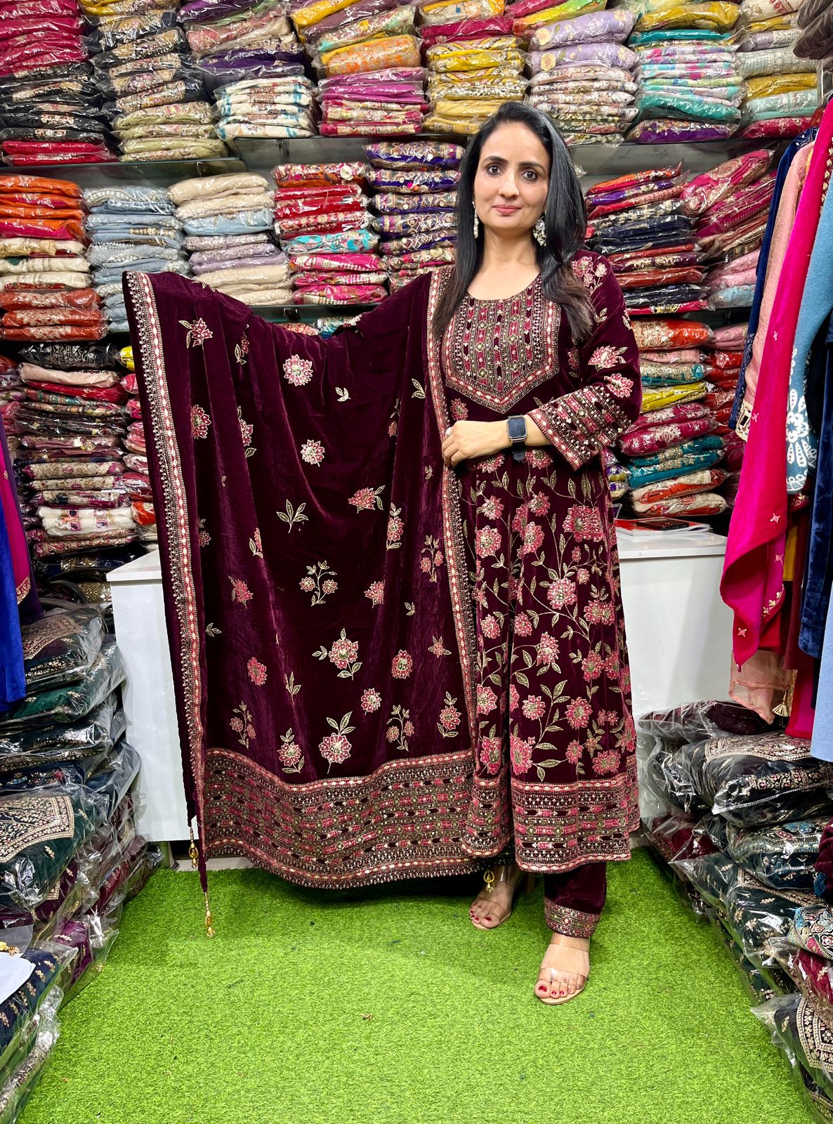 Designer Velvet Anarkali Set Wine