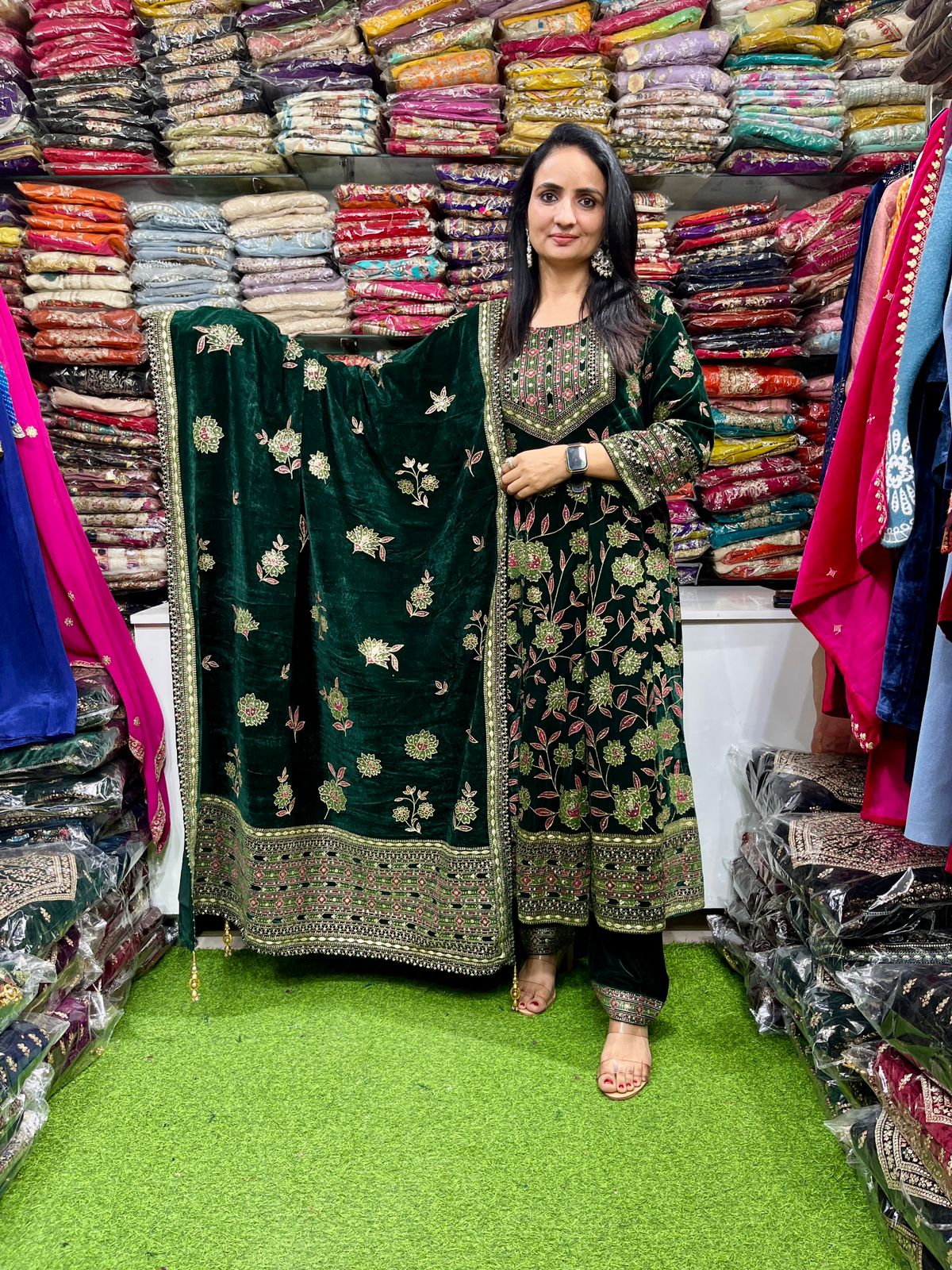 Designer Velvet Green Anarkali Set