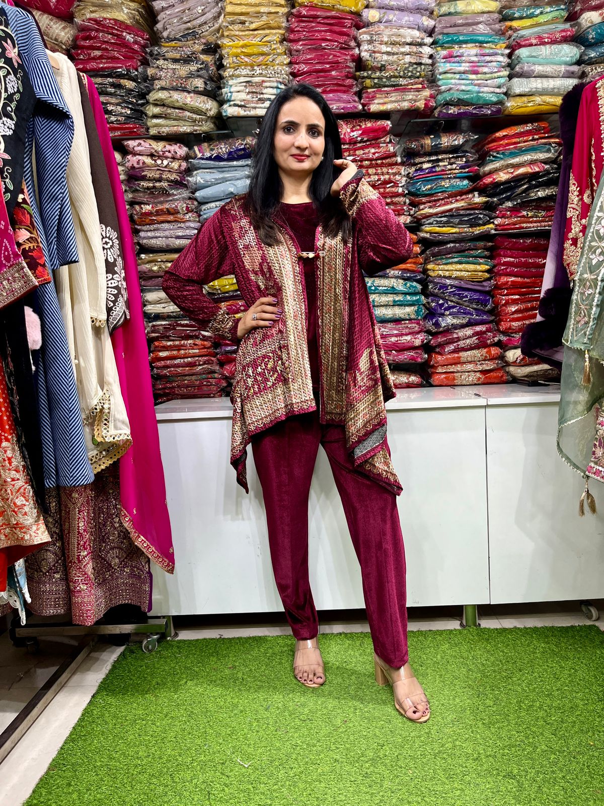 Designer Velvet Kaftan Coord Set - Image 3