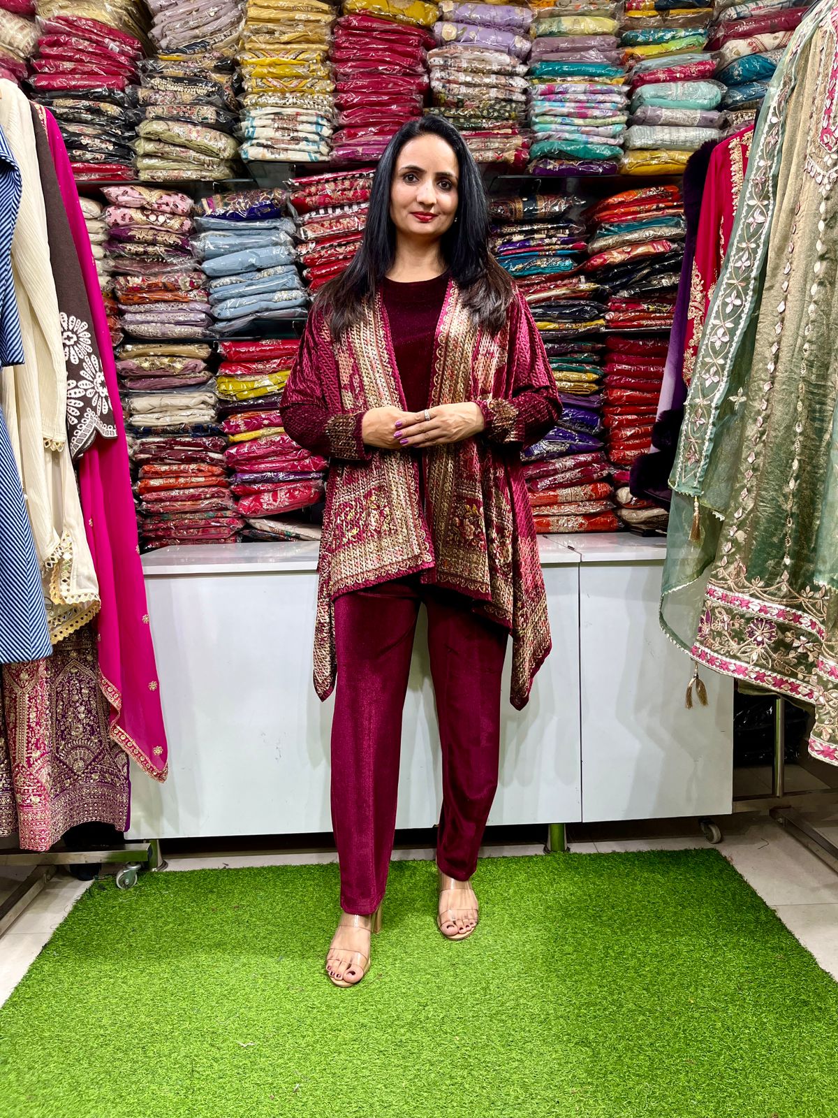 Designer Velvet Kaftan Coord Set - Image 4