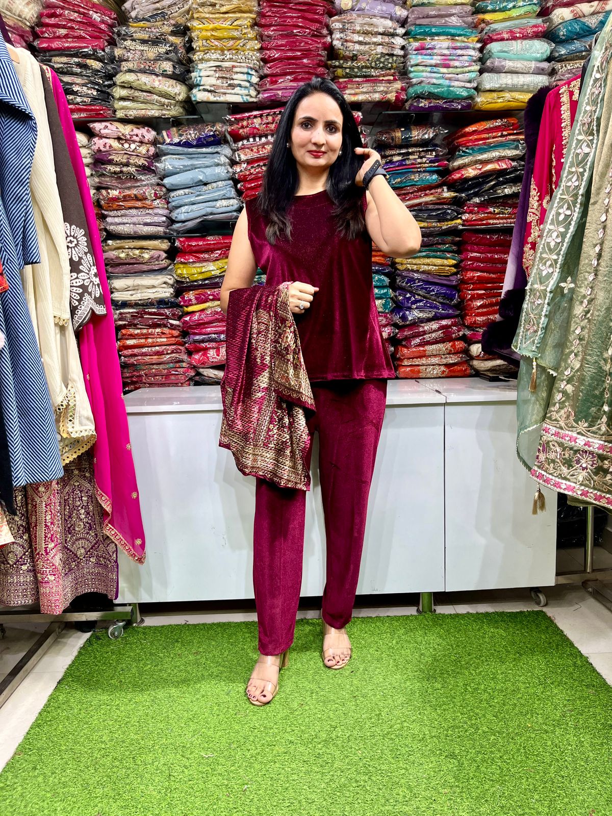 Designer Velvet Kaftan Coord Set - Image 6