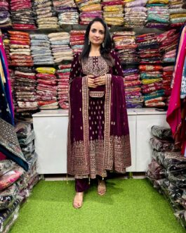 Designer Wine Velvet Anarkali Set