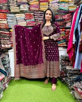Designer Wine Velvet Anarkali Set