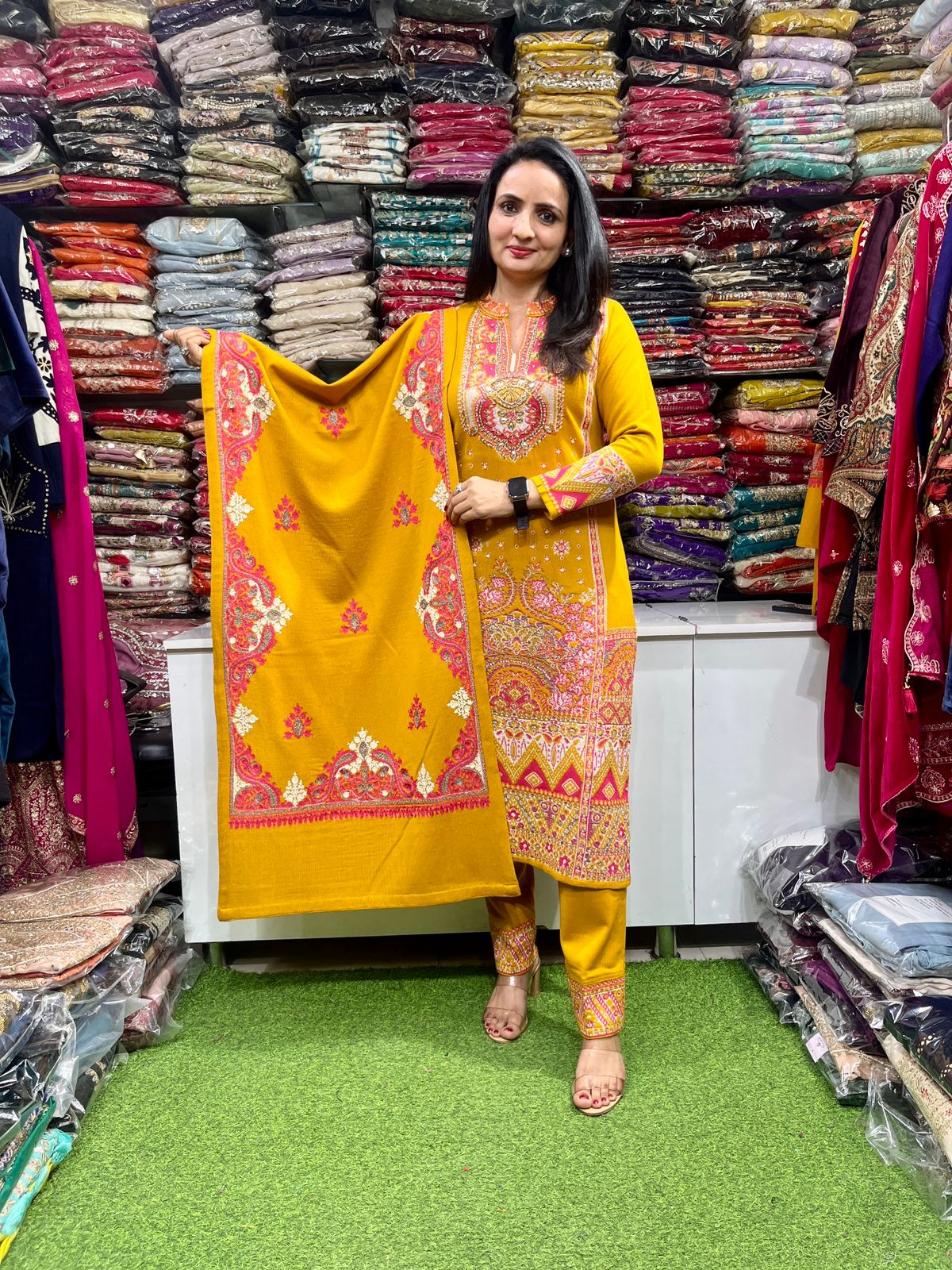 Designer Woolen Suit with Hand Embroidery and Zari weaving