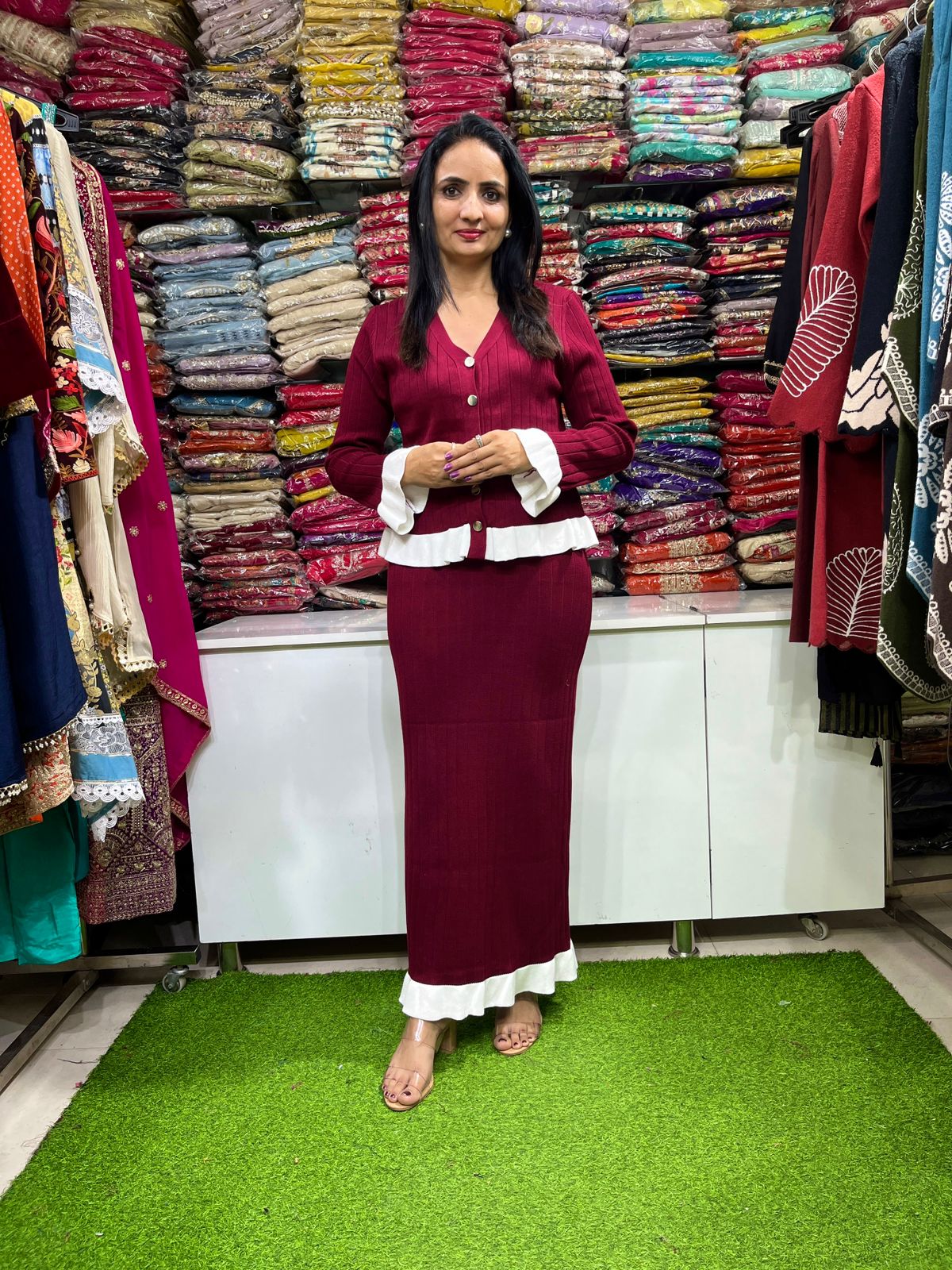 Mehroon Indo Western Woollen Skirt Set