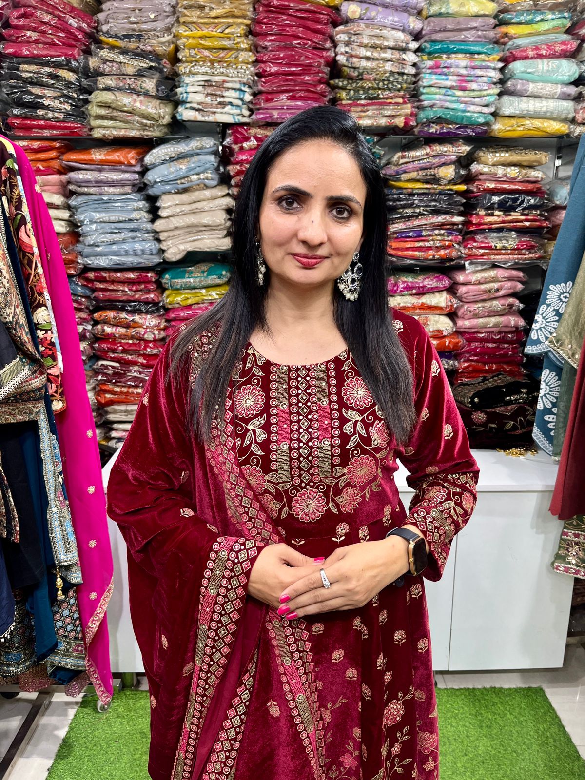 Premium Mehroon Velvet Anarkali Set - Image 2