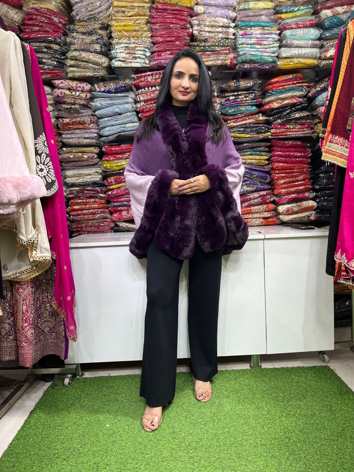 Premium Ombre Woollen Cape Poncho with Fur - Image 5