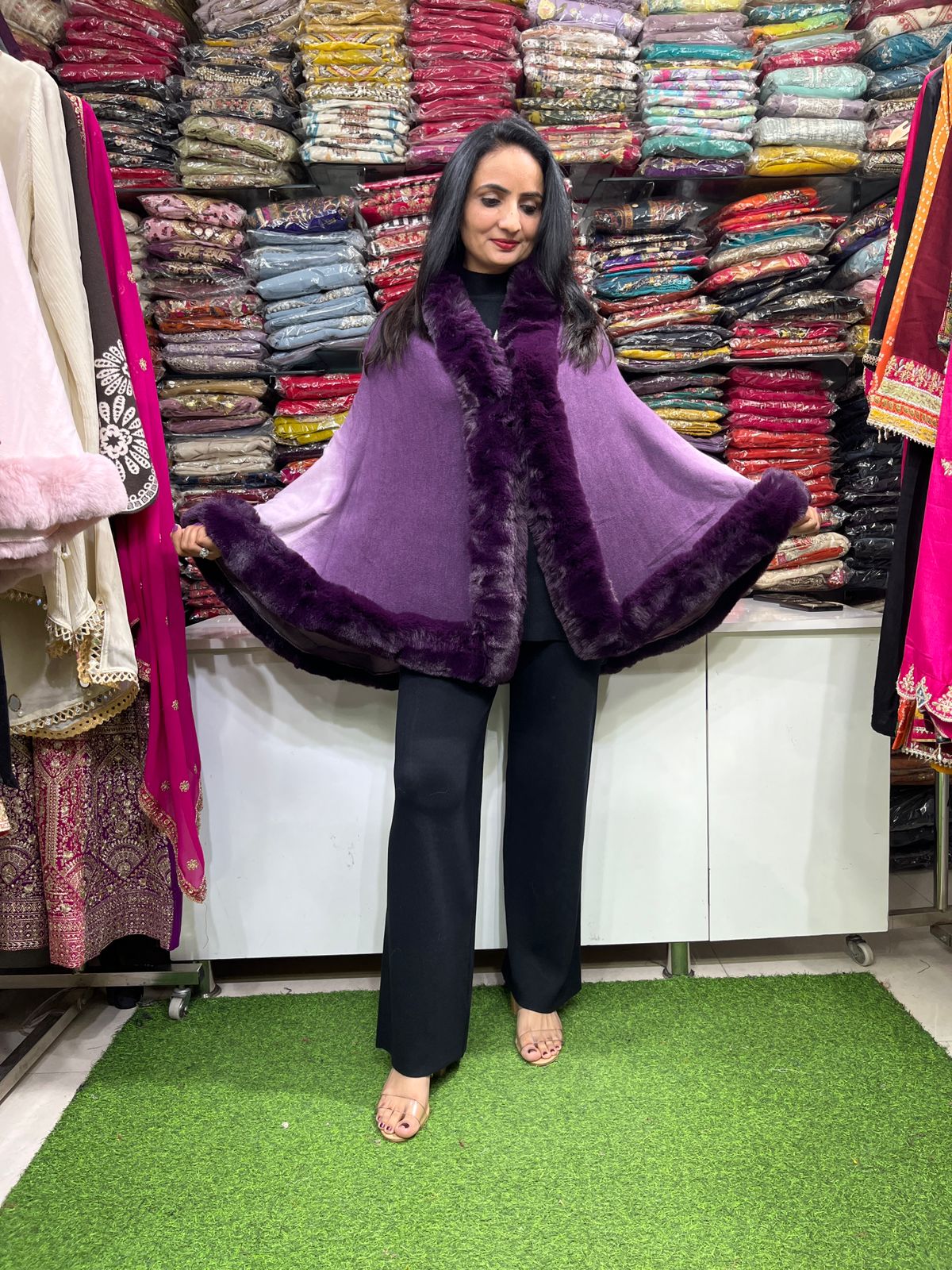 Premium Ombre Woollen Cape Poncho with Fur - Image 4