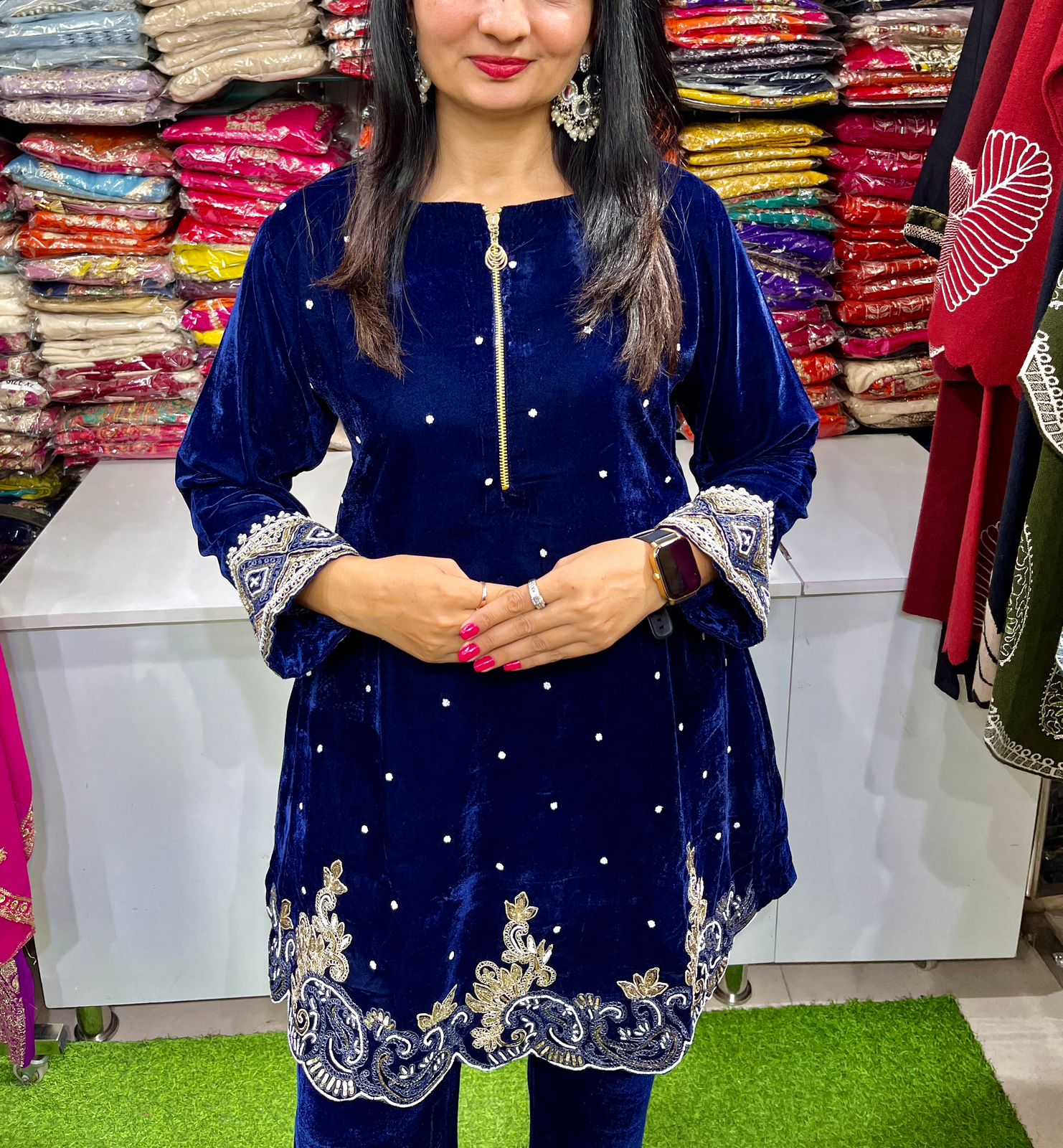 Premium Velvet Hand Embroidered Coord Set with Cutdaana Pearl sequins and Zari - Image 4