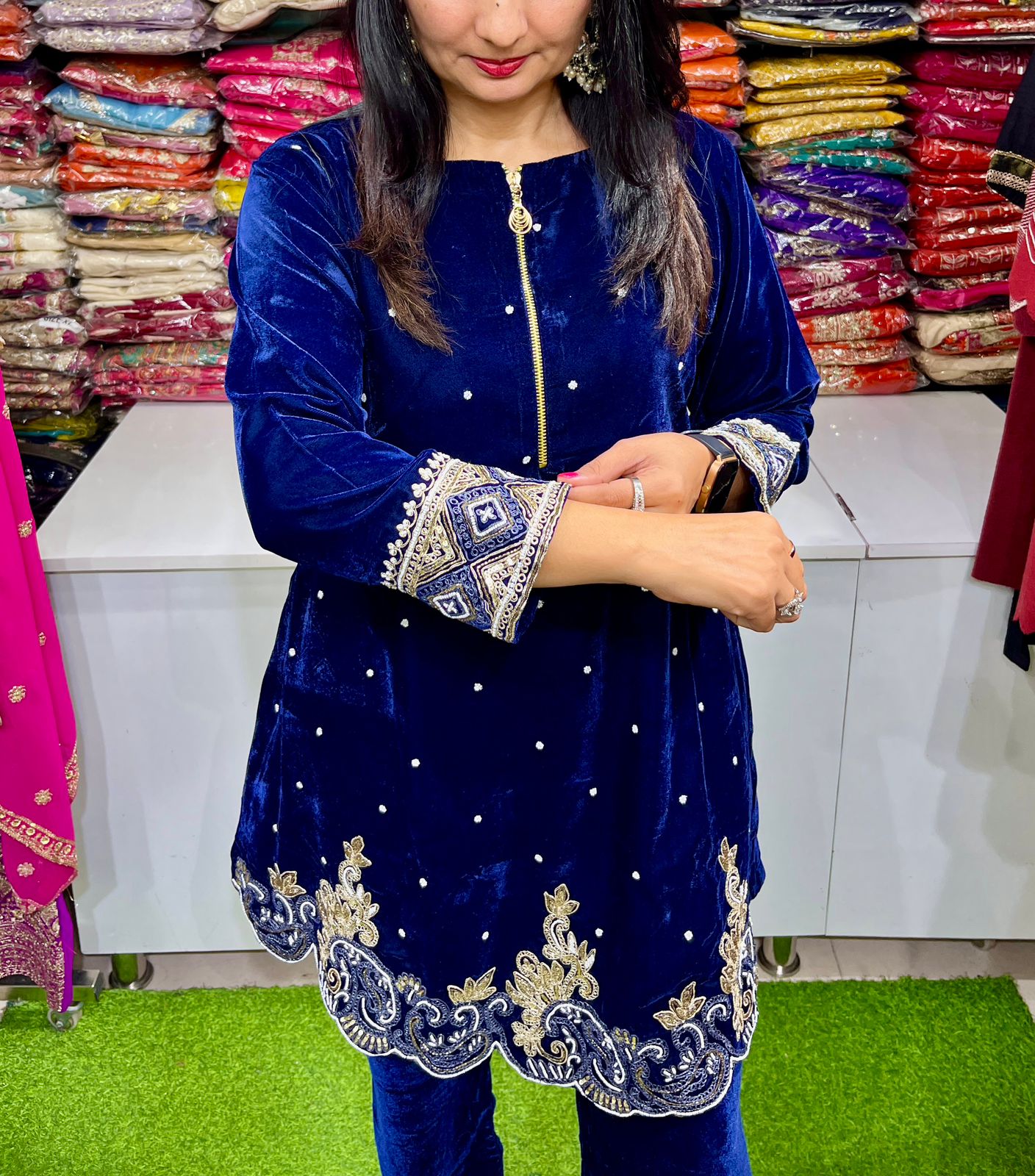 Premium Velvet Hand Embroidered Coord Set with Cutdaana Pearl sequins and Zari - Image 3