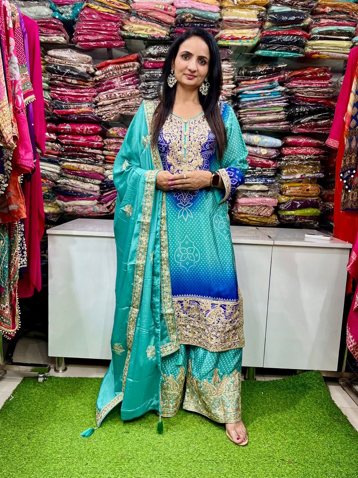 Pure Chinon Bandhej Ombre Suit Set - Image 4