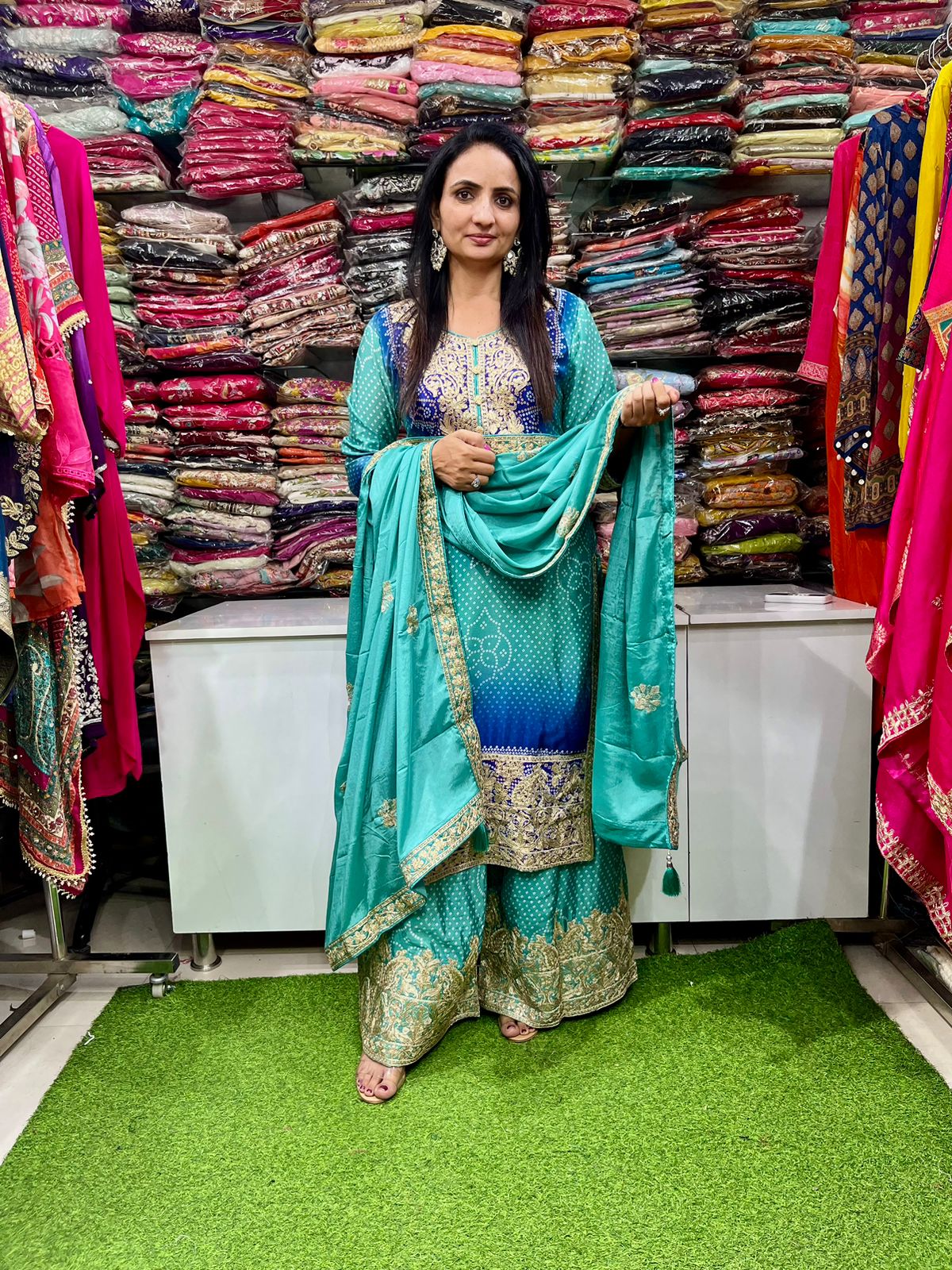 Pure Chinon Bandhej Ombre Suit Set - Image 2