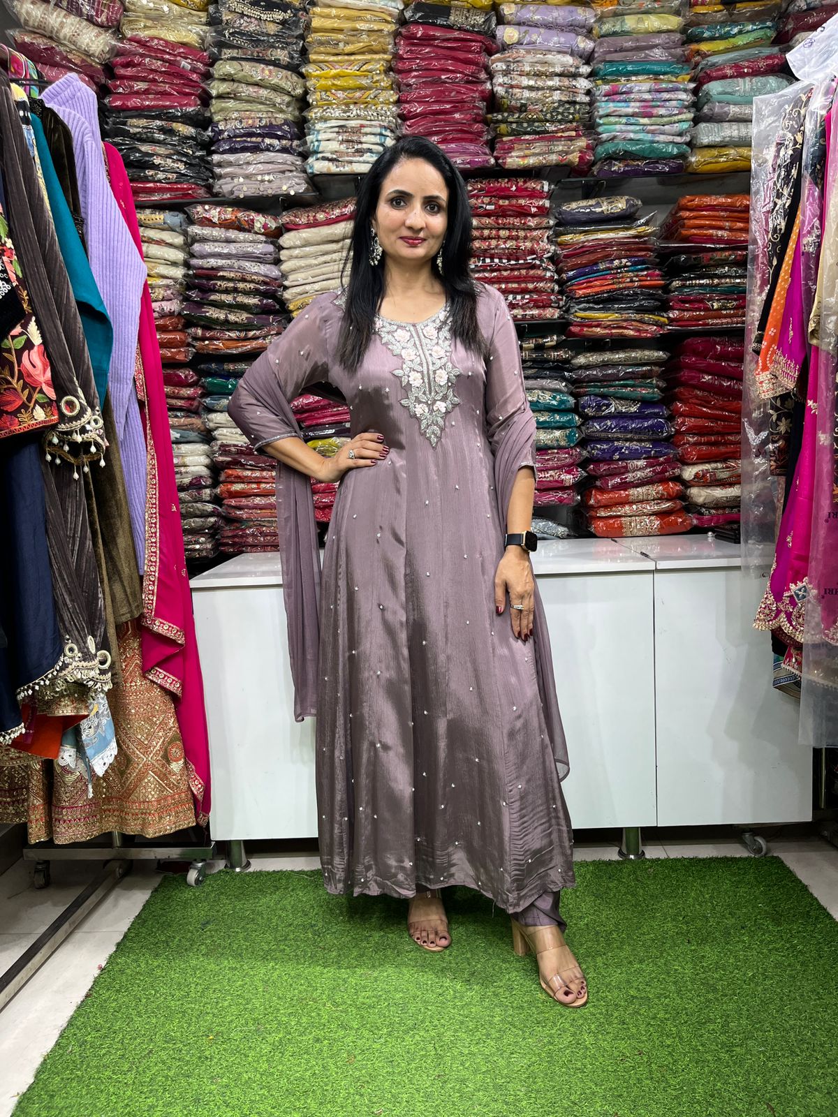 Pure Chinon Designer Anarkali Set with Hand Embroidery - Image 5