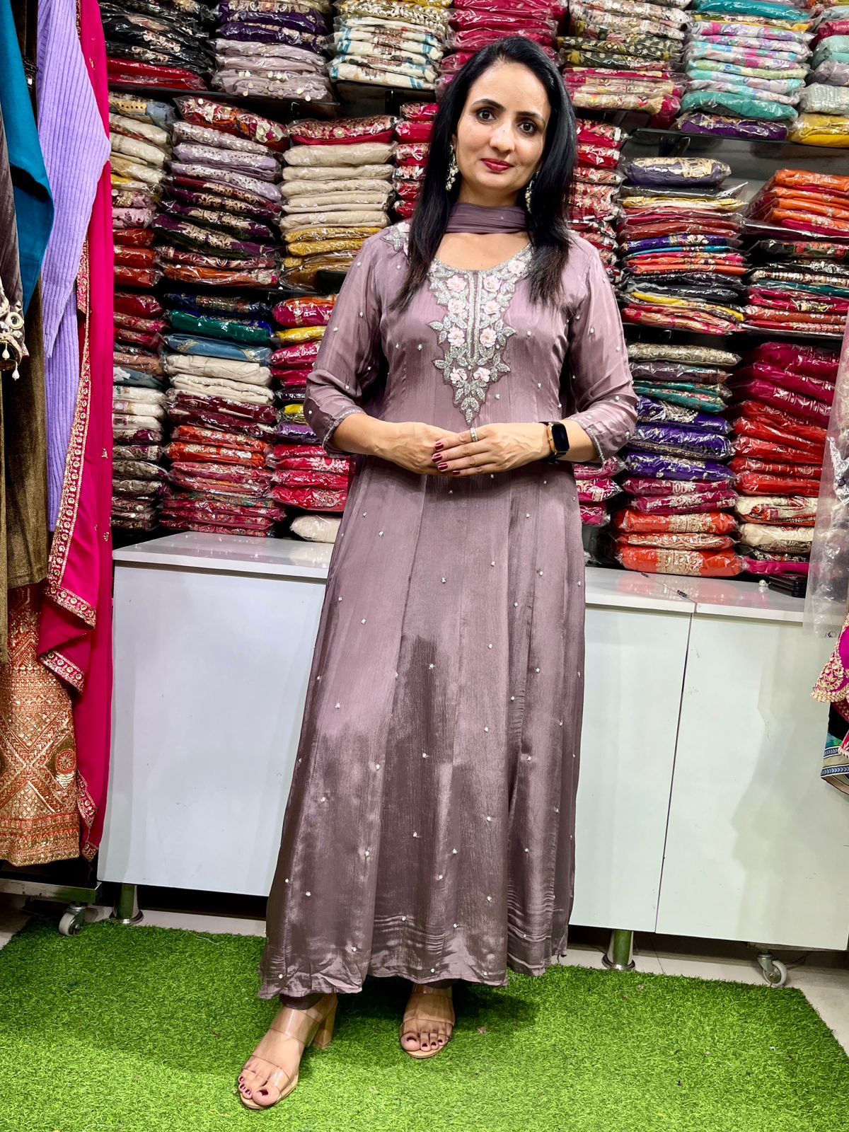 Pure Chinon Designer Anarkali Set with Hand Embroidery - Image 4