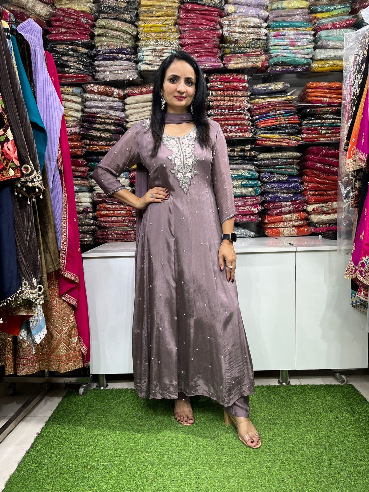 Pure Chinon Designer Anarkali Set with Hand Embroidery - Image 3