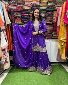 Pure Chinon Hand Embroidered Suit Set with Embroidered Sharara