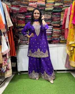 Pure Chinon Hand Embroidered Suit Set with Embroidered Sharara