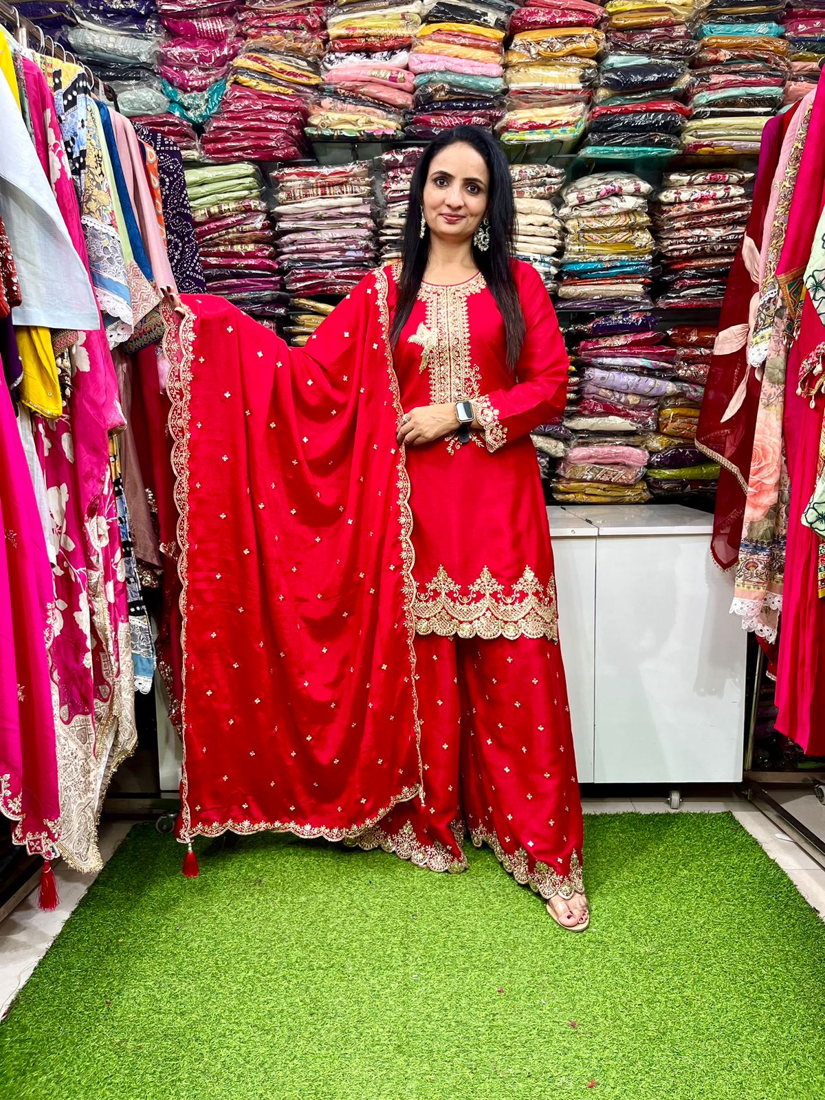 Pure Chinon Red Embroidered Suit Set