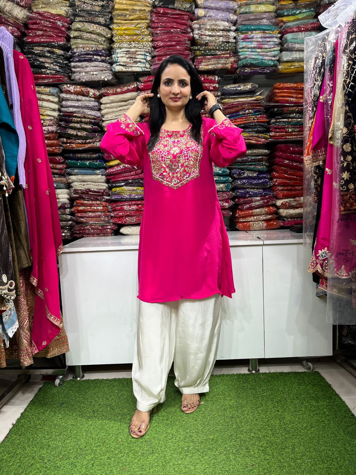 Pure Crape Designer Coord with Hand Embroidery paired with Farsi - Image 4