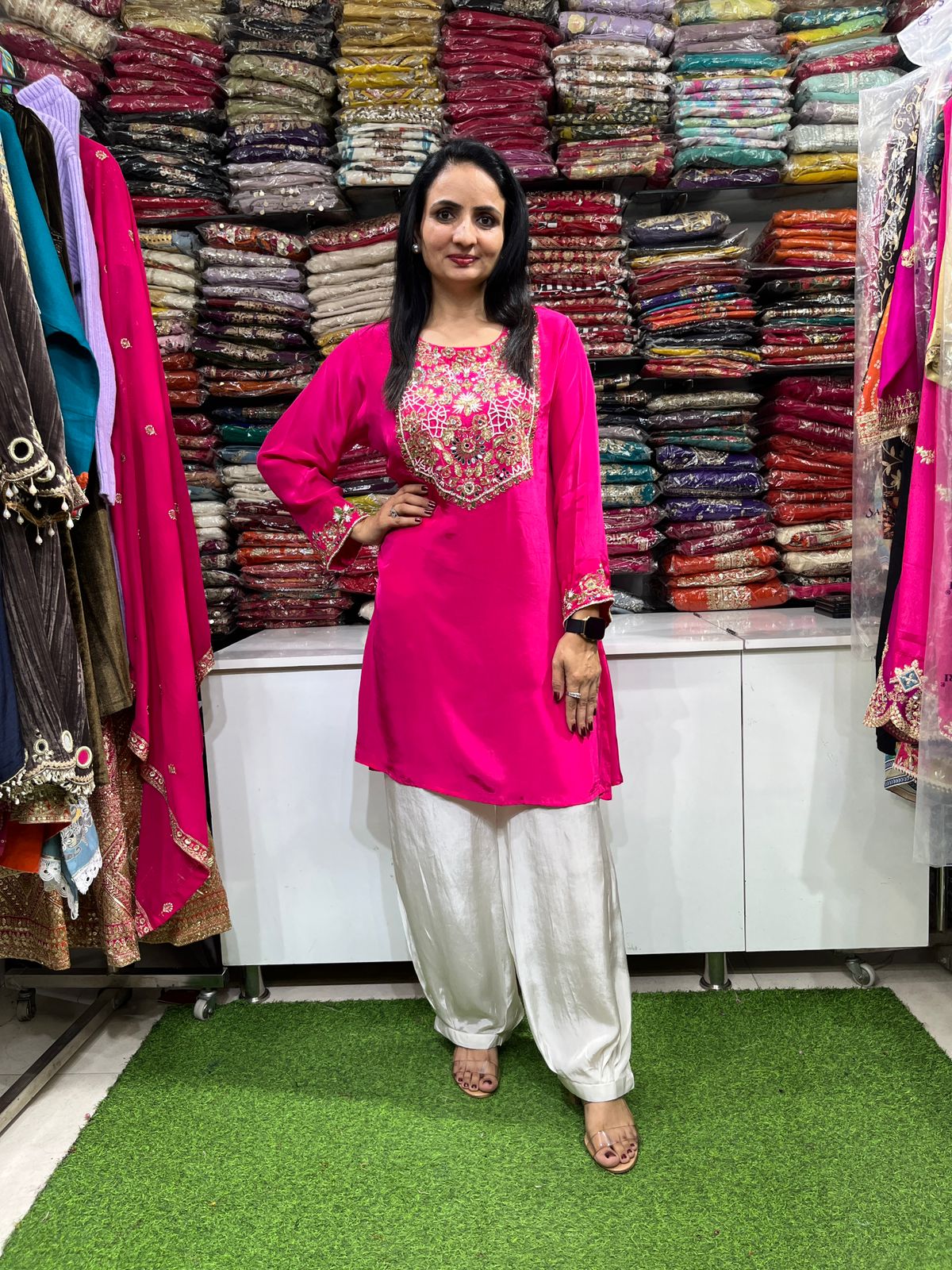 Pure Crape Designer Coord with Hand Embroidery paired with Farsi - Image 3