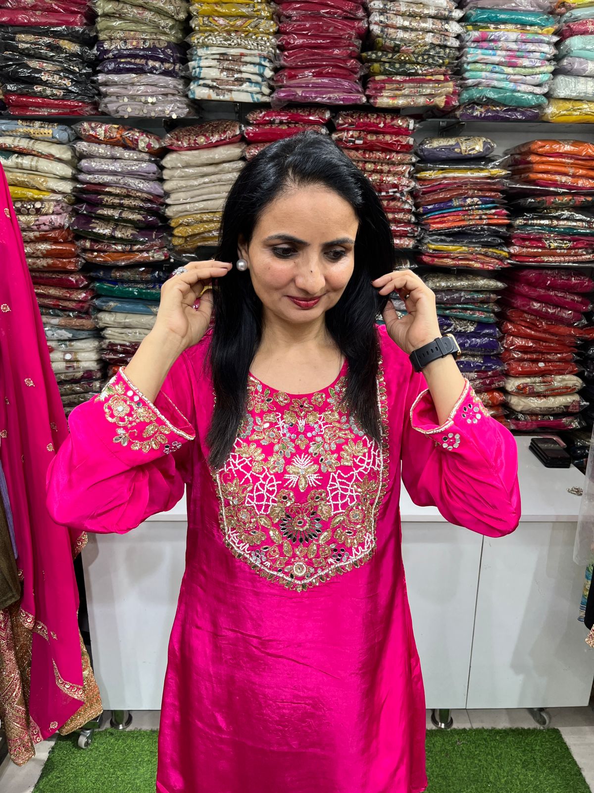 Pure Crape Designer Coord with Hand Embroidery paired with Farsi - Image 2