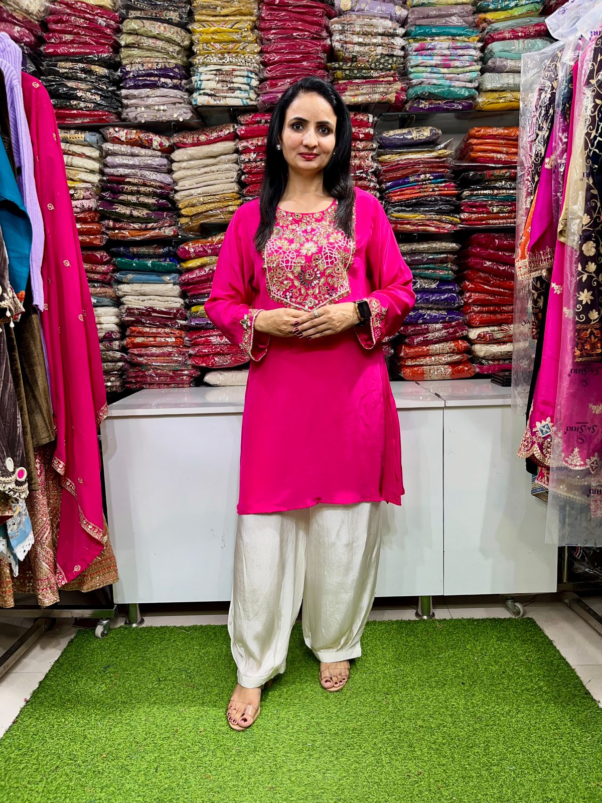 Pure Crape Designer Coord with Hand Embroidery paired with Farsi