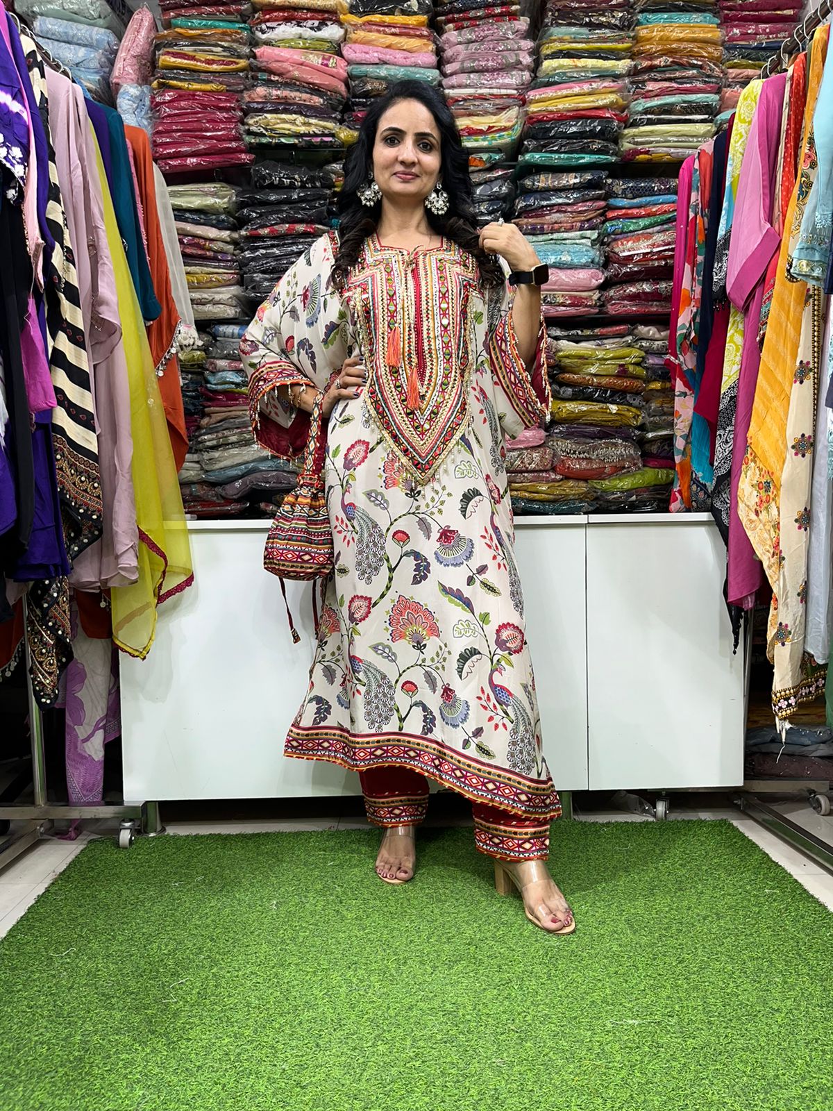 Pure Crape Real Mirror Work Phiran - Image 4