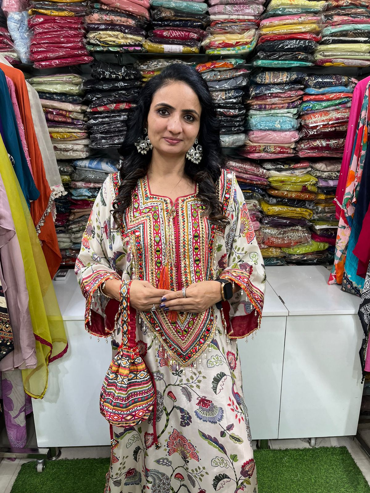 Pure Crape Real Mirror Work Phiran - Image 3