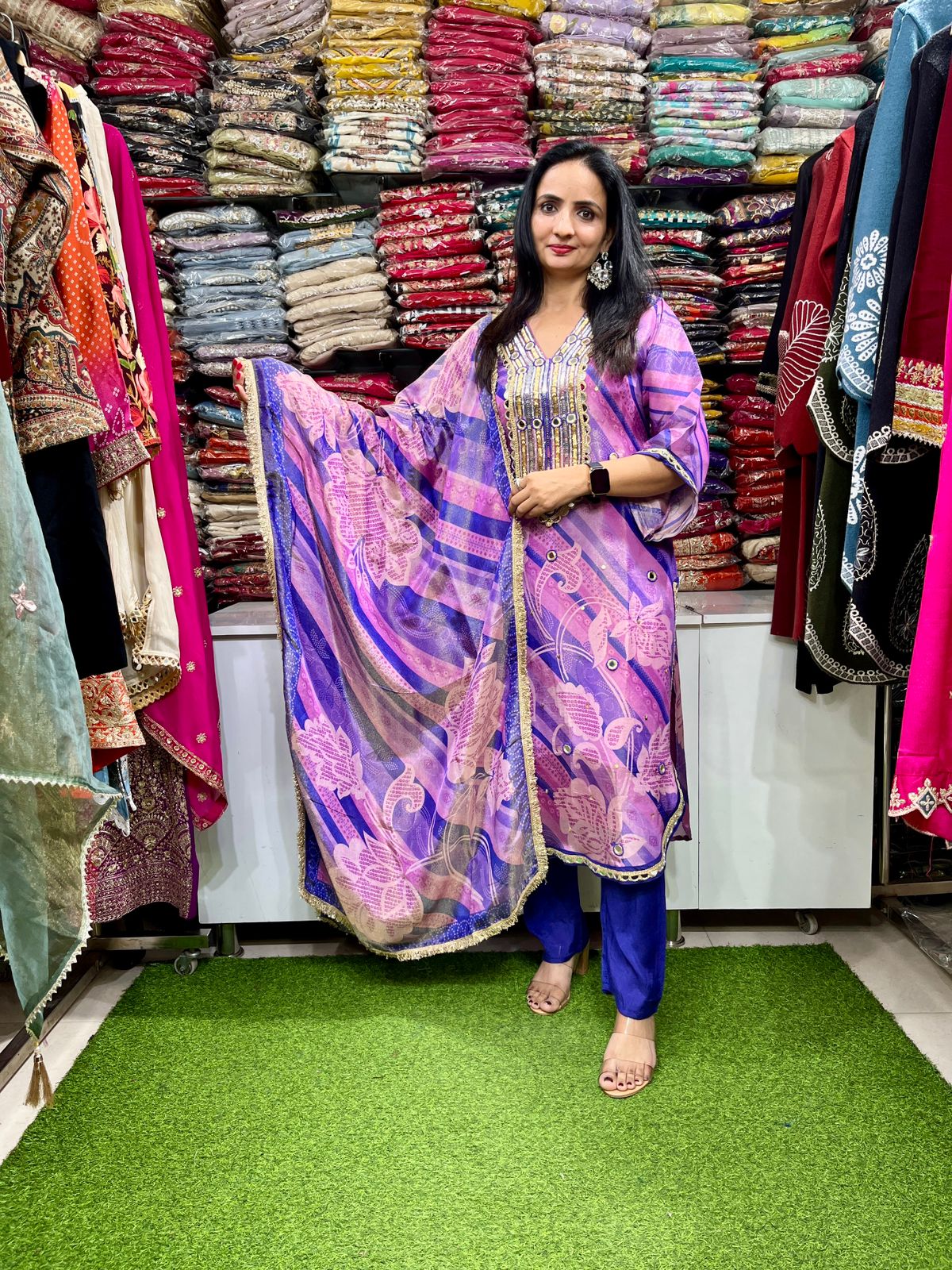 Pure Tissue Simmer Suit set with real mirror work embroidery paired with Dupatta and Pants