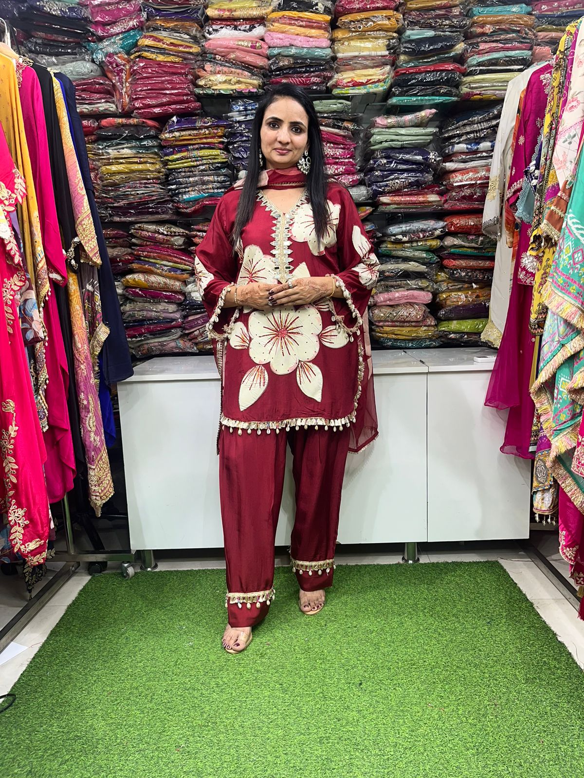 Silk Hand Painted Farshi Suit with Real Mirror Embroidery