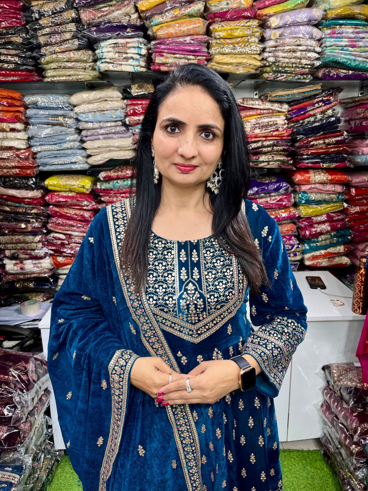 Teal Blue Velvet Anarkali Set - Image 4