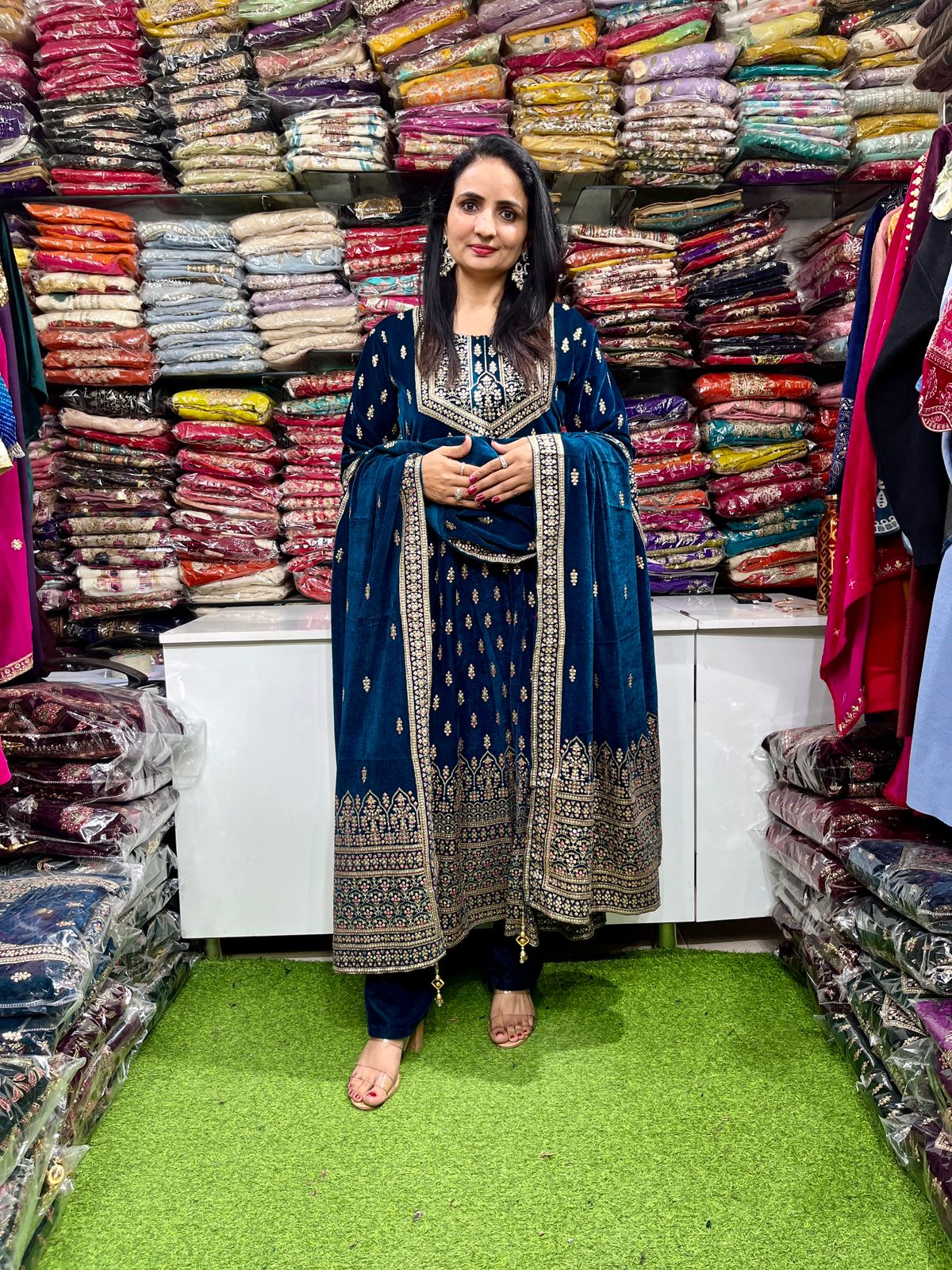 Teal Blue Velvet Anarkali Set - Image 3