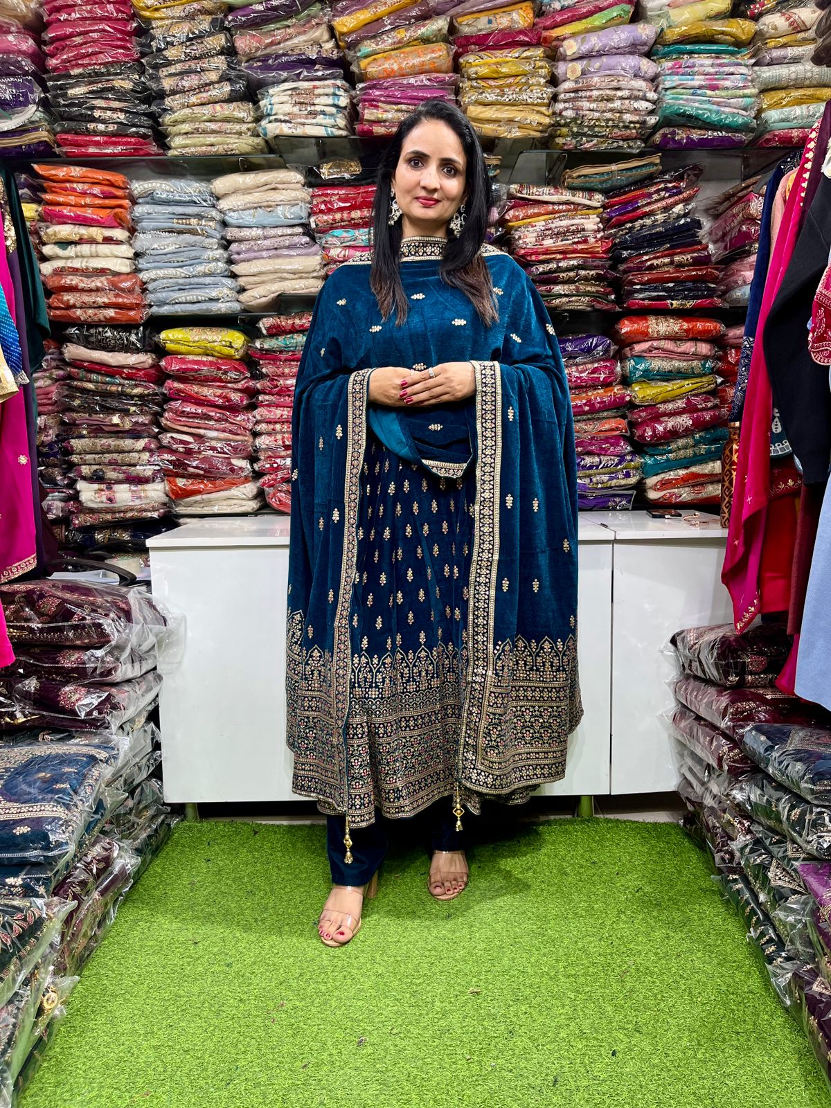 Teal Blue Velvet Anarkali Set - Image 2