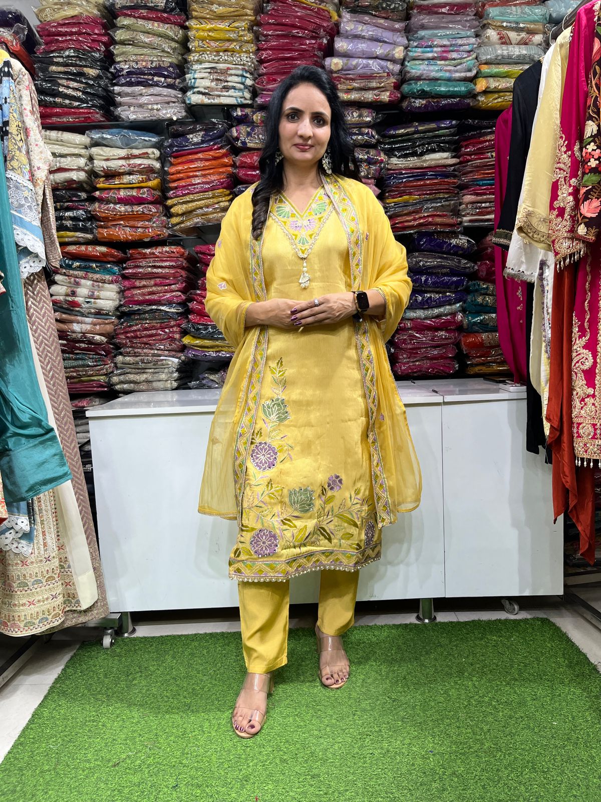 Tissue Simmer Embroidered Suit Set with Pants and Dupatta