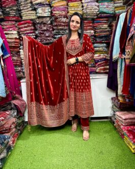 Beautiful Velvet Rust Anarkali Set