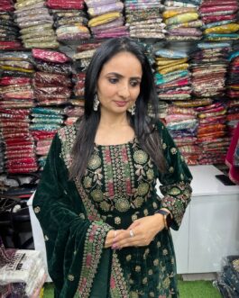 Designer Velvet Bottle Green Anarkali Set