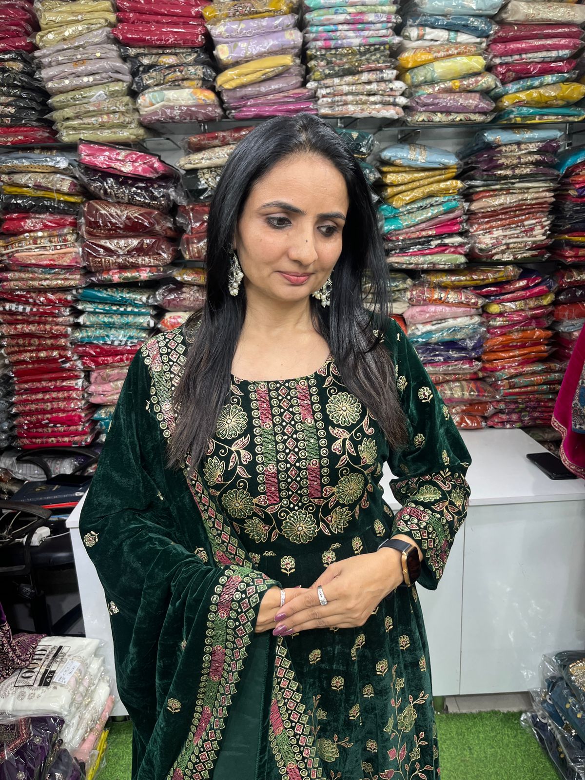 Designer Velvet Bottle Green Anarkali Set - Image 2