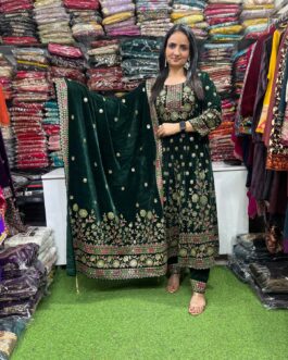 Designer Velvet Bottle Green Anarkali Set