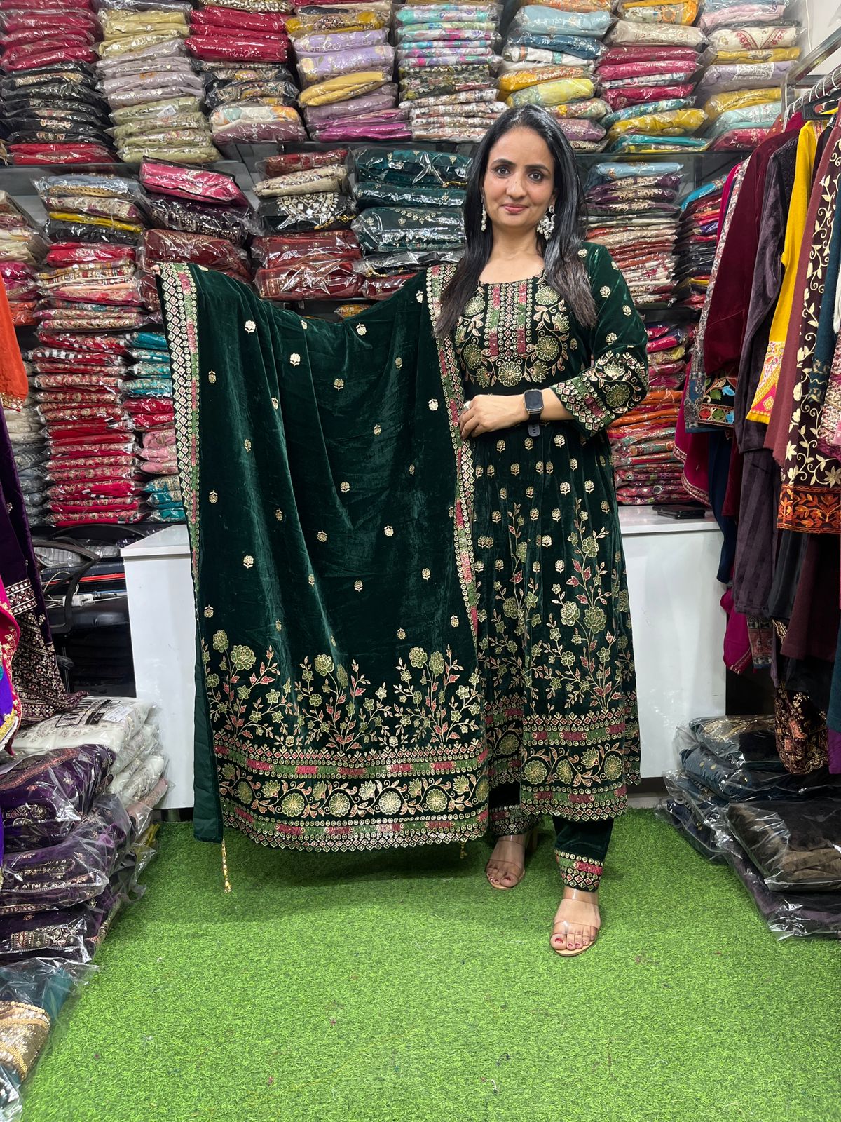 Designer Velvet Bottle Green Anarkali Set