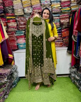 Designer Velvet Mehendi Green Anarkali Set
