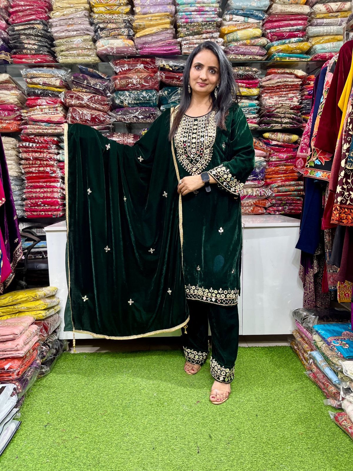 Designer Velvet Suit Set with Real Mirror Work