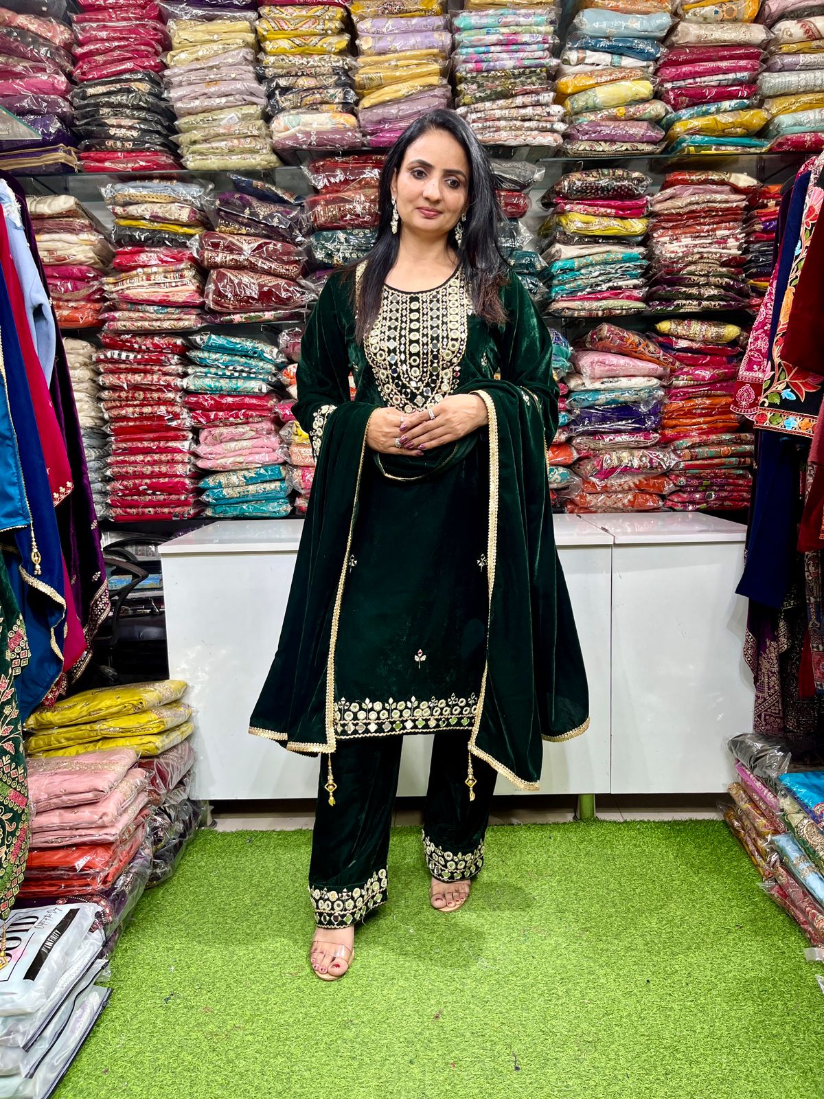 Designer Velvet Suit Set with Real Mirror Work - Image 4