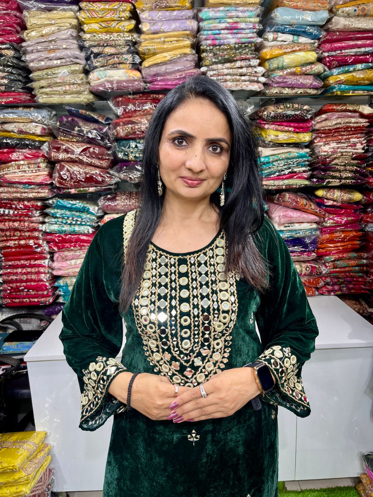 Designer Velvet Suit Set with Real Mirror Work - Image 3