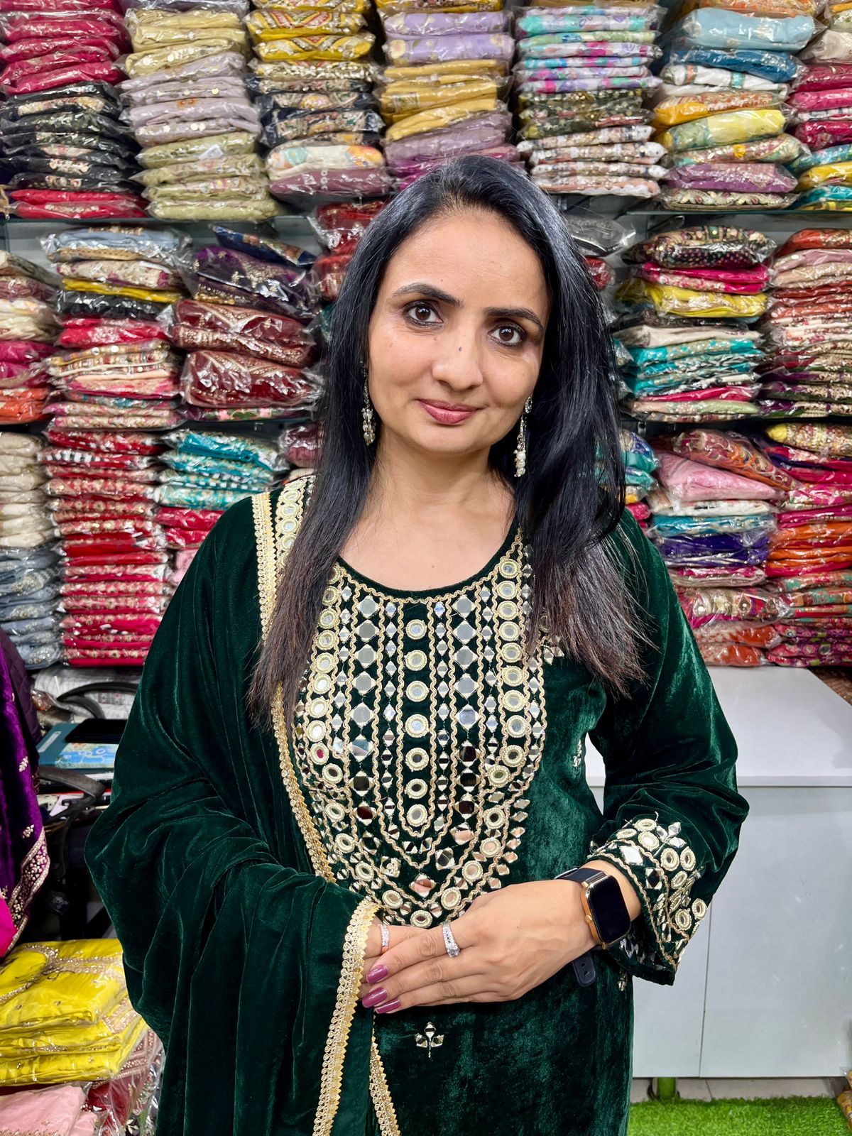 Designer Velvet Suit Set with Real Mirror Work - Image 2