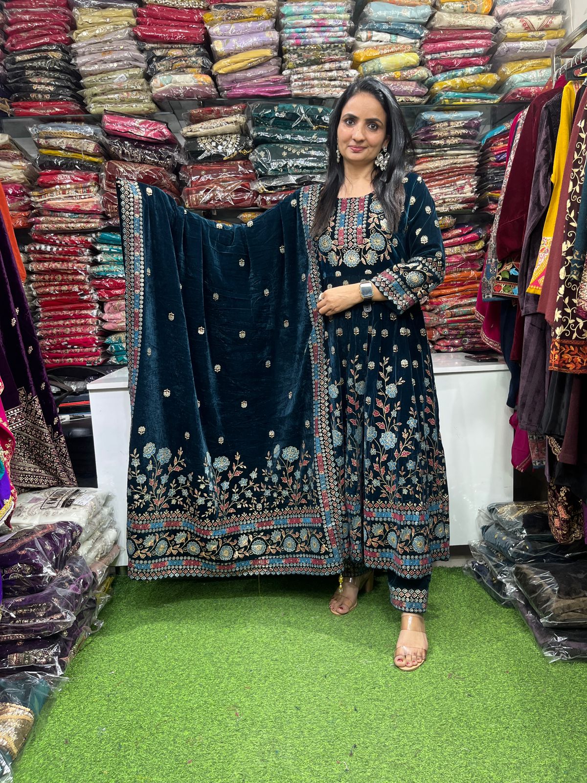 Designer Velvet Teal Blue Anarkali Set