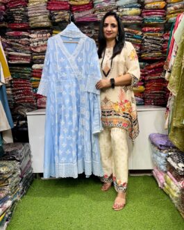 Designer Mal Cotton Blue Anarkali Set