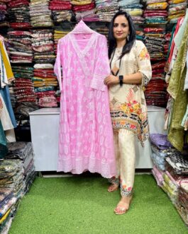 Designer Mal Cotton Pink Anarkali Set