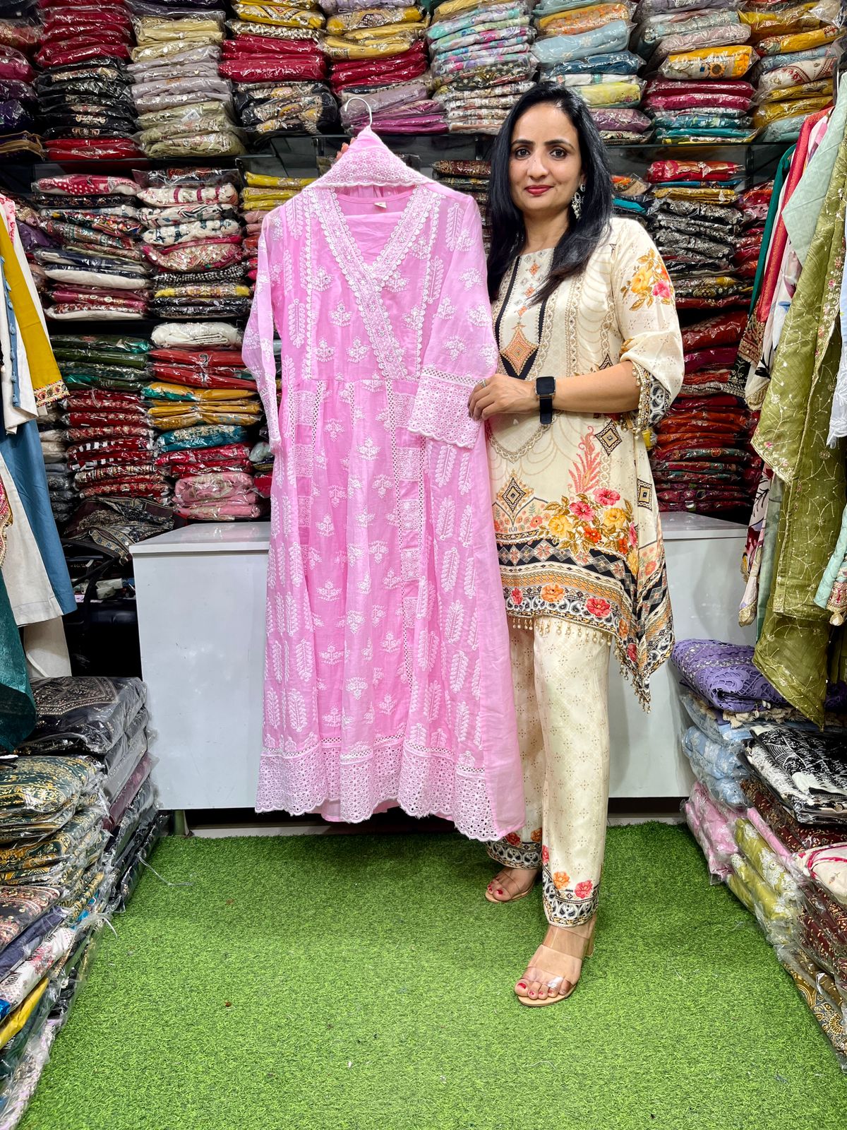 Designer Mal Cotton Pink Anarkali Set